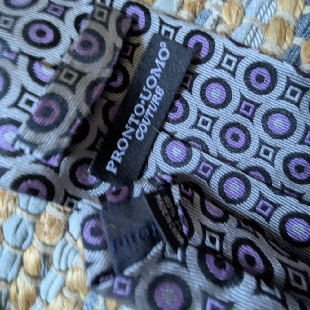 Pronto Uomo Couture Silk Tie Gray Purple Black Geometric Circle Diamond Pattern